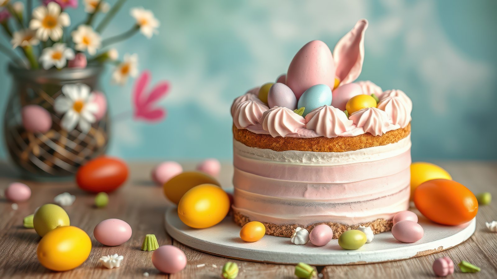 Colorful Easter cake decorated with pastel eggs and flowers on a wooden table with spring backdrop